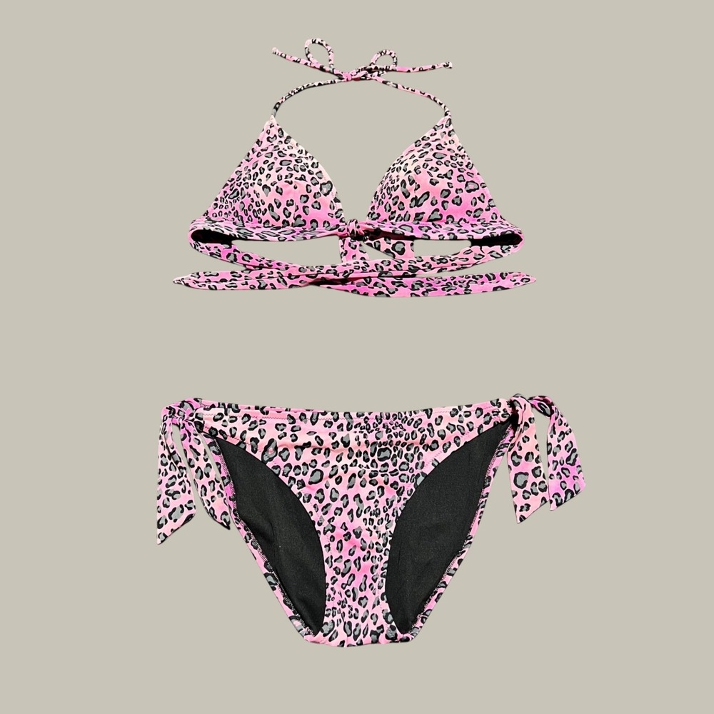 Victorias Secret Pink Leopard Print Bikini Set Triangle Top Side Tie Bottom M